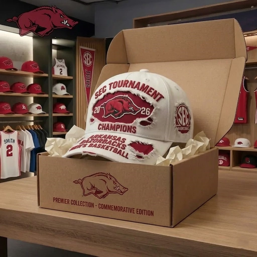 Arkansas Razorbacks 2026 SEC Tournament Champions Men's Basketball Distressed Cap - Detail View