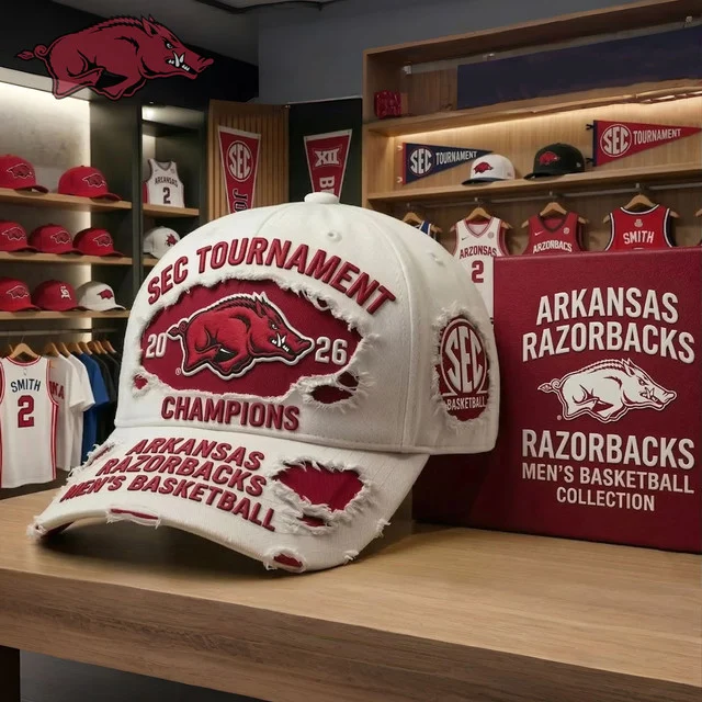 Arkansas Razorbacks 2026 SEC Tournament Champions Men's Basketball Distressed Cap - Front View