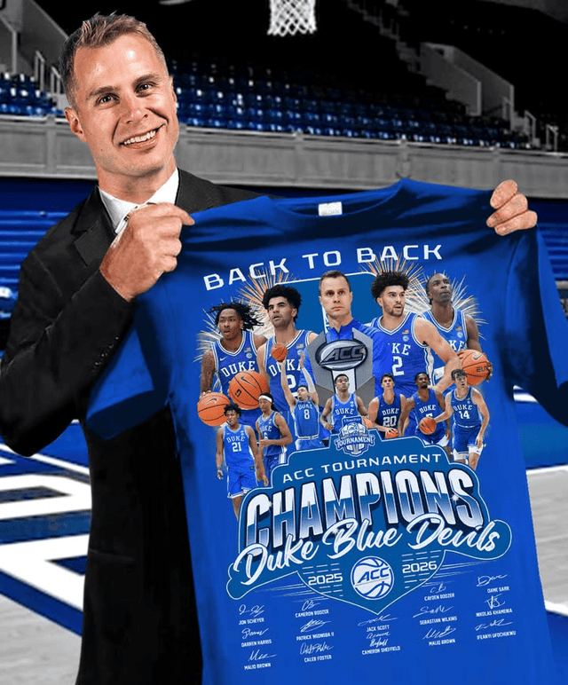 Duke Blue Devils Back To Back ACC Tournament Champions 2025 2026 Signatures T-Shirt - Front View