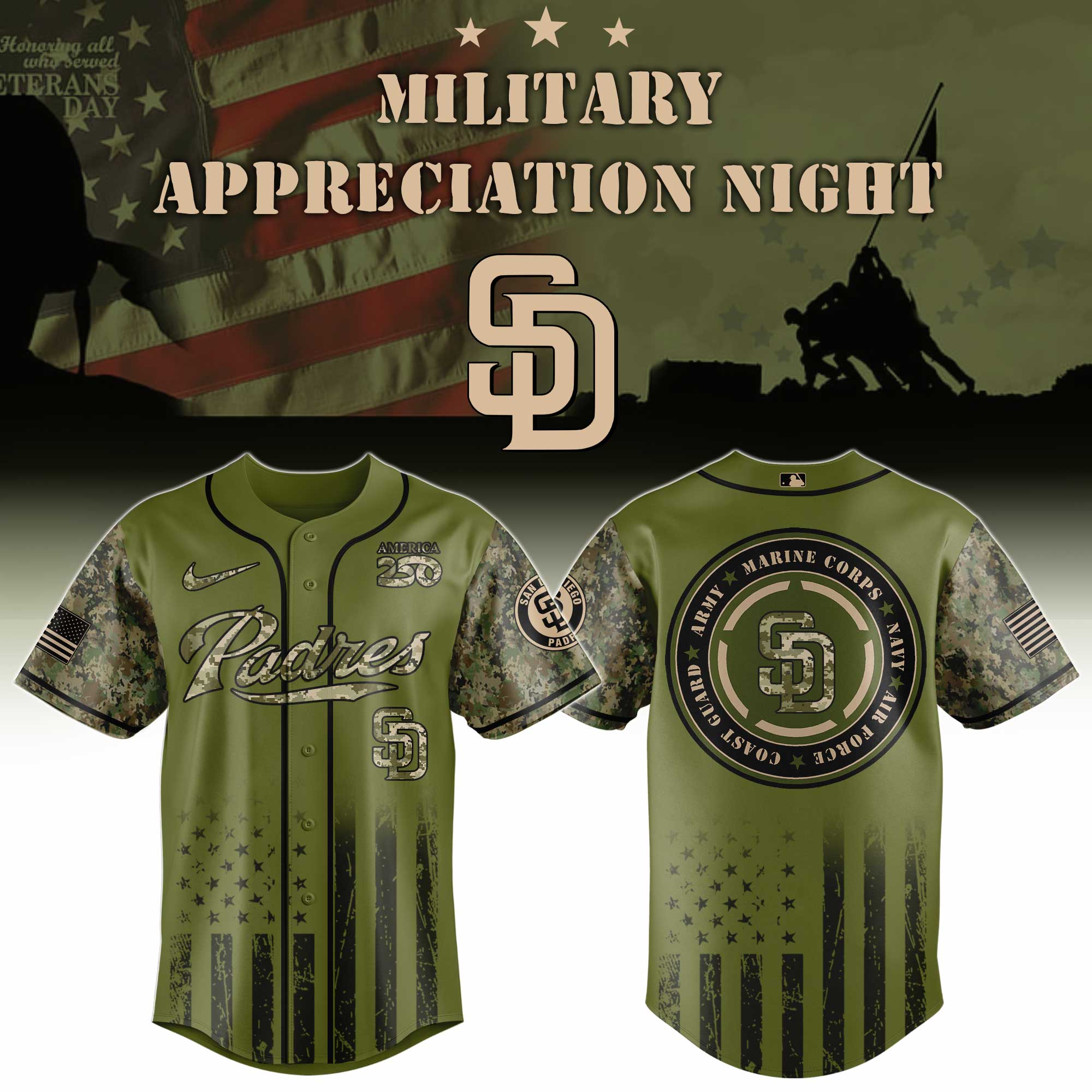 San Diego Padres Military Appreciation Night America 250 Baseball Jersey - Front View