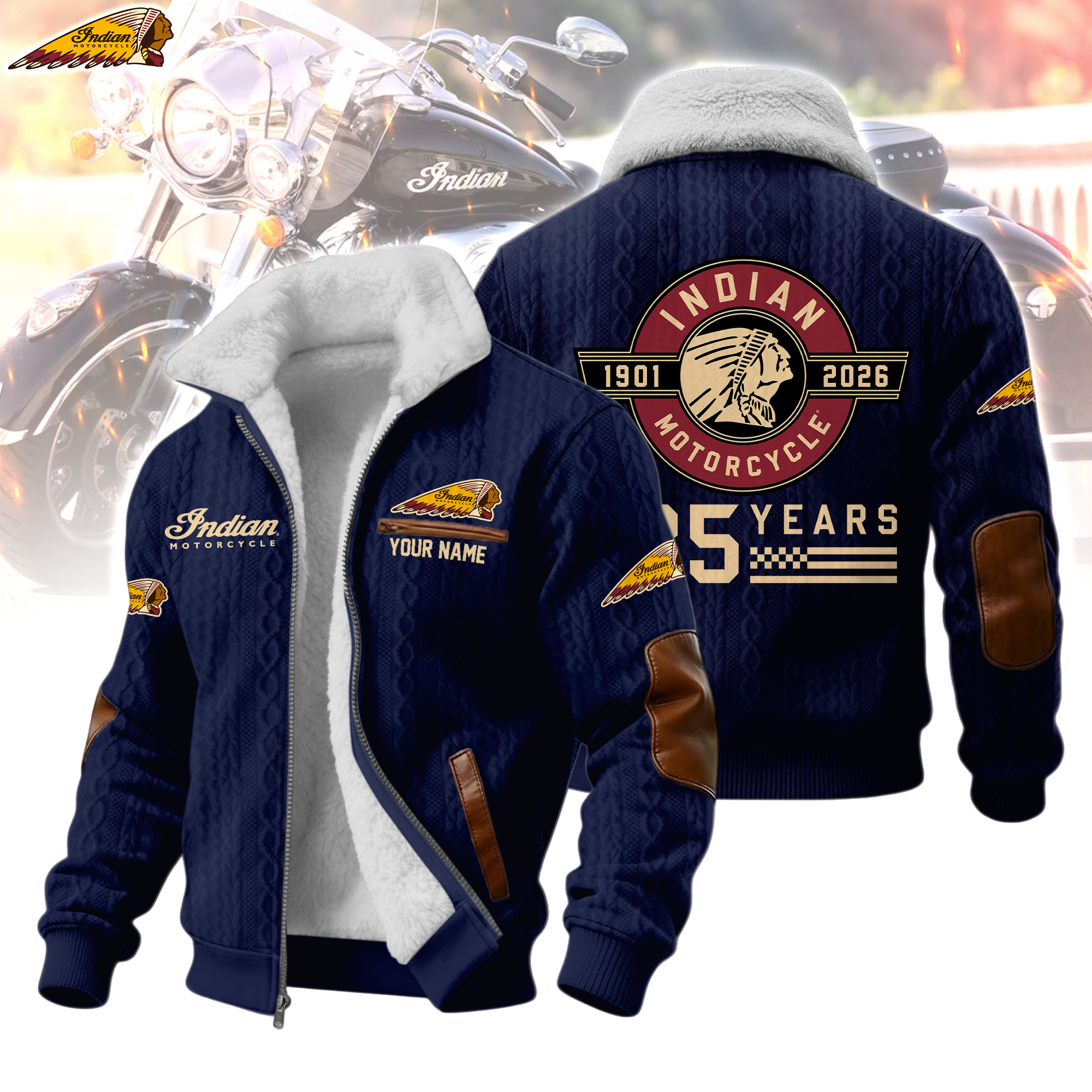 Indian Motorcycle 125 Years Anniversary 1901-2026 Personalized Fleece Jacket - Detail View