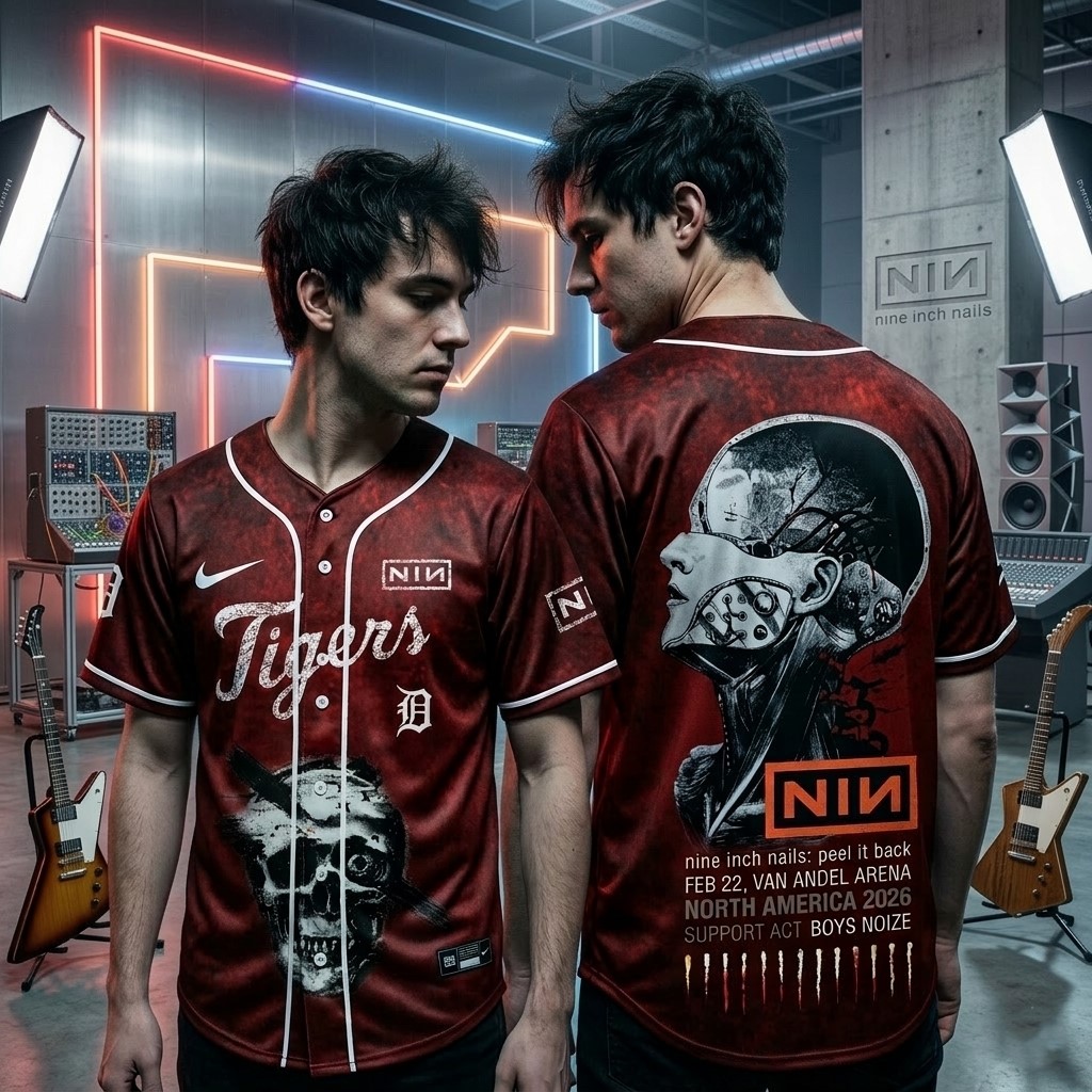 Nine Inch Nails x Detroit Tigers Peel It Back Tour 2026 Baseball Jersey - Detail View