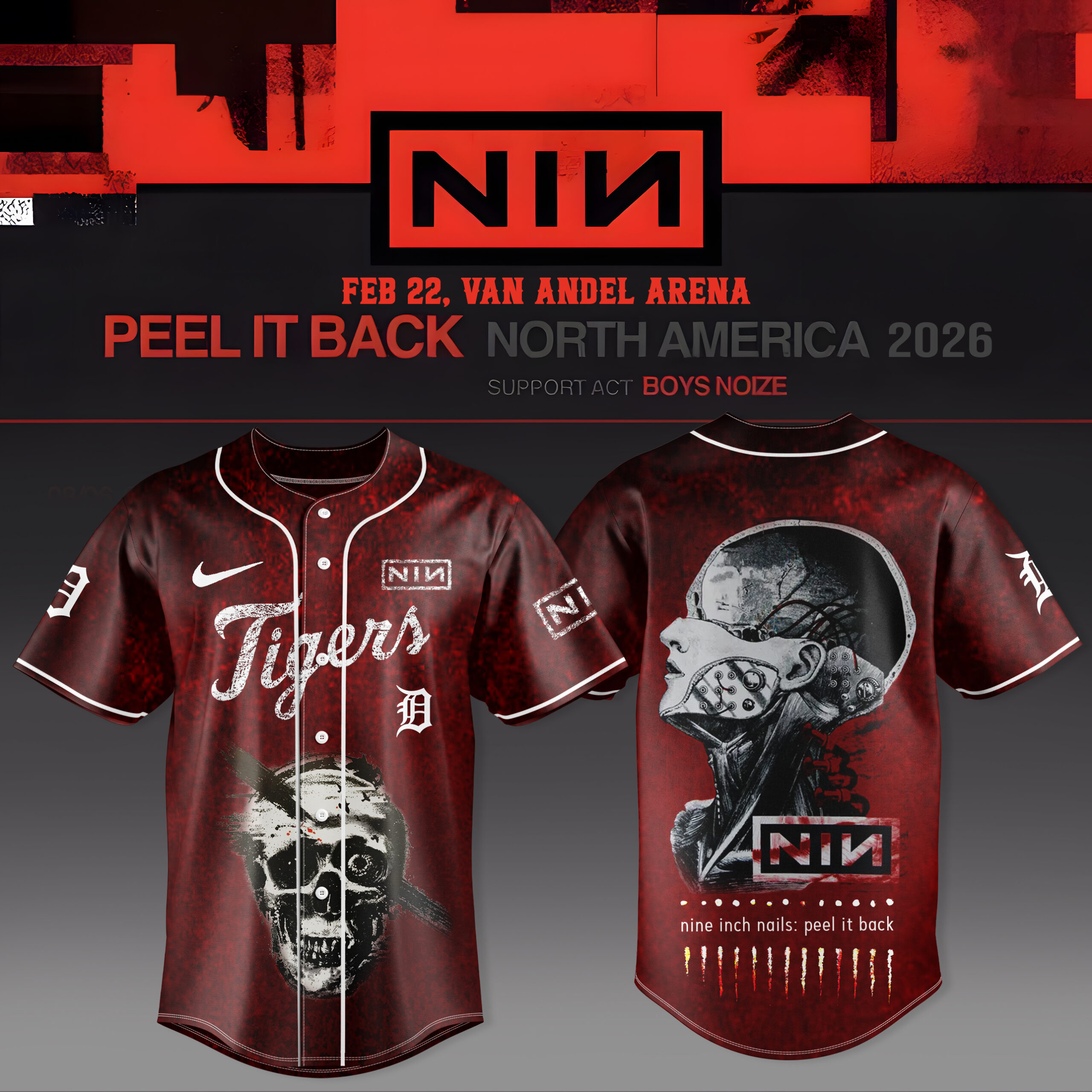 Nine Inch Nails x Detroit Tigers Peel It Back Tour 2026 Baseball Jersey - Front View