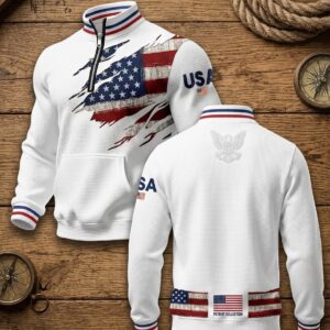 USA American Flag Distressed Ripped Quarter-Zip Sweatshirt