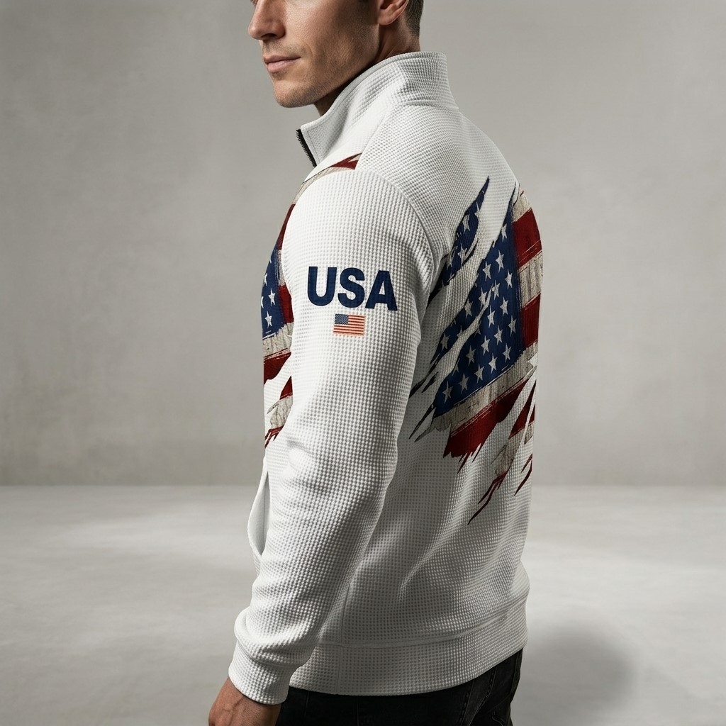 USA American Flag Distressed Ripped Quarter-Zip Sweatshirt - Detail View