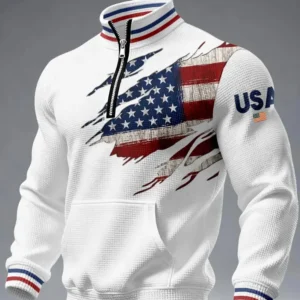 USA American Flag Distressed Ripped Quarter-Zip Sweatshirt