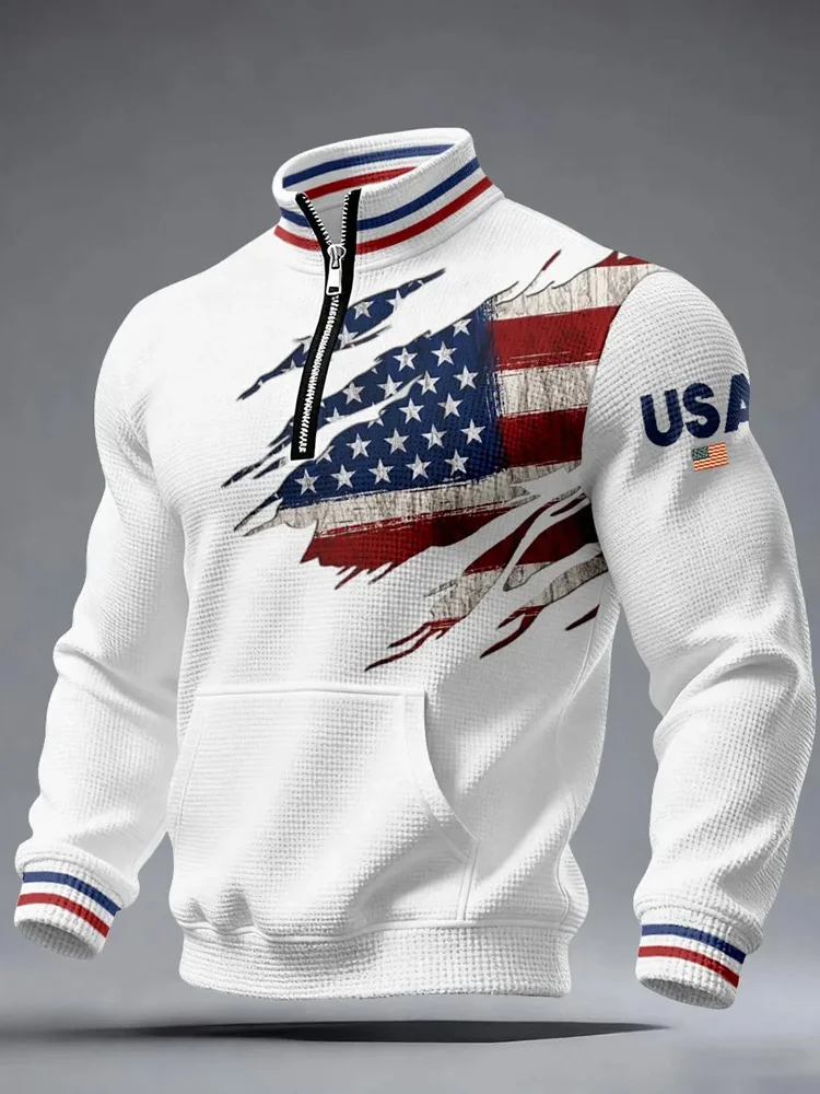 USA American Flag Distressed Ripped Quarter-Zip Sweatshirt - Front View