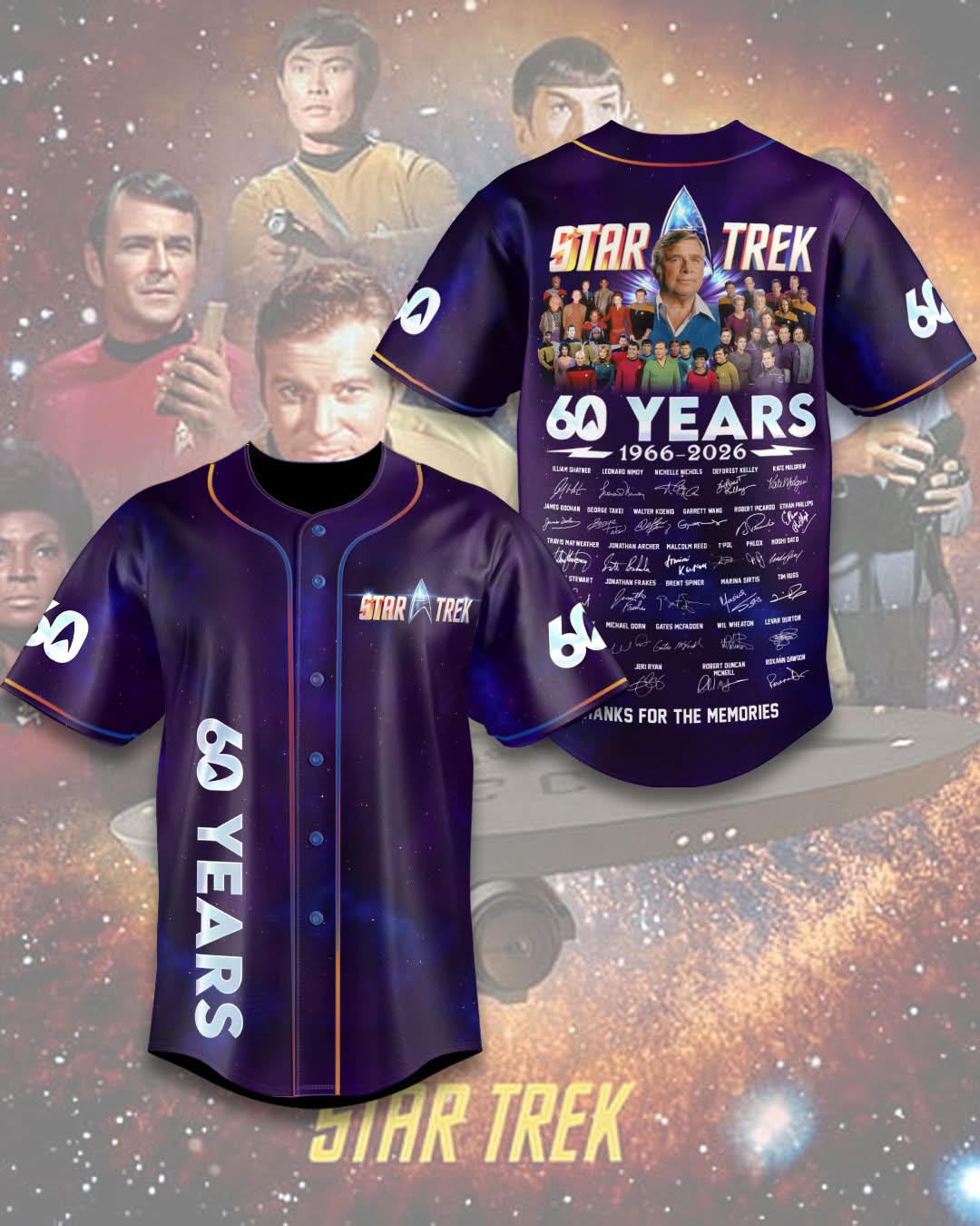 Star Trek 60 Years 1966-2026 Anniversary Signatures Baseball Jersey - Front View