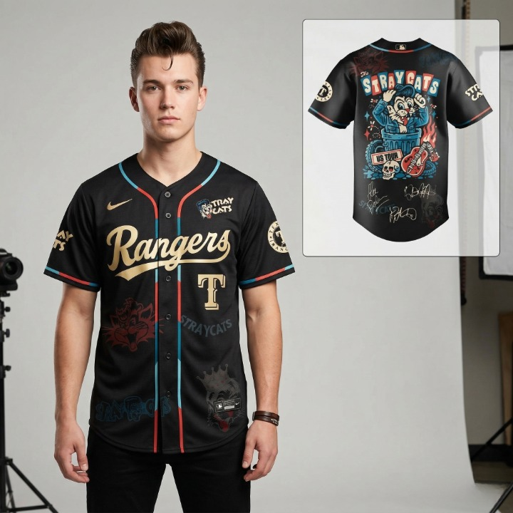 Stray Cats Texas Rangers Signed US Tour Baseball Jersey - Detail View
