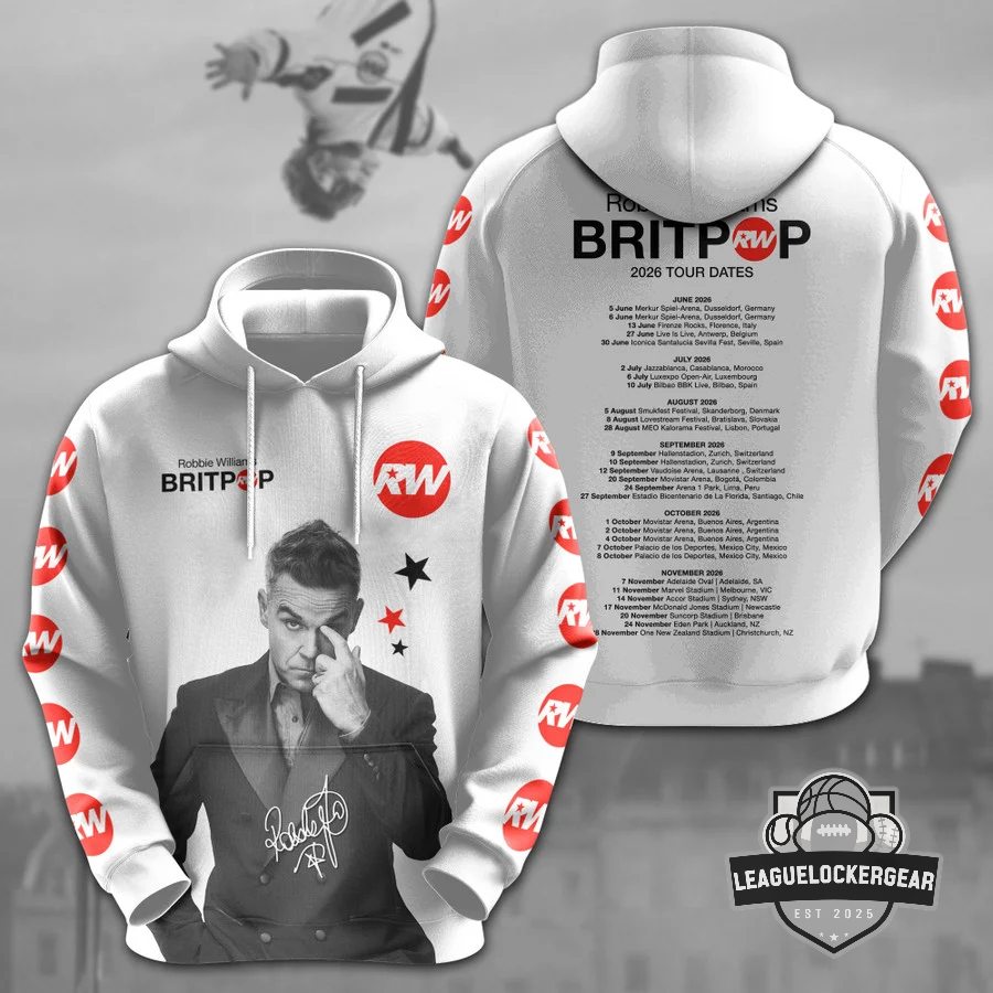 Robbie Williams Britpop 2026 Tour Dates Hoodie - Front View