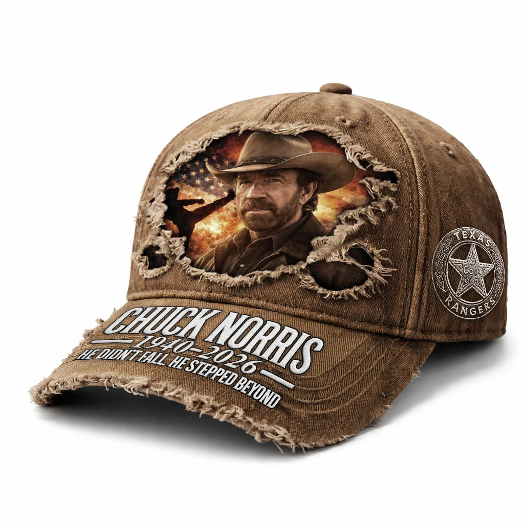 Chuck Norris 1940-2026 He Didn't Fall He Stepped Beyond Texas Rangers Distressed Hat - Front View