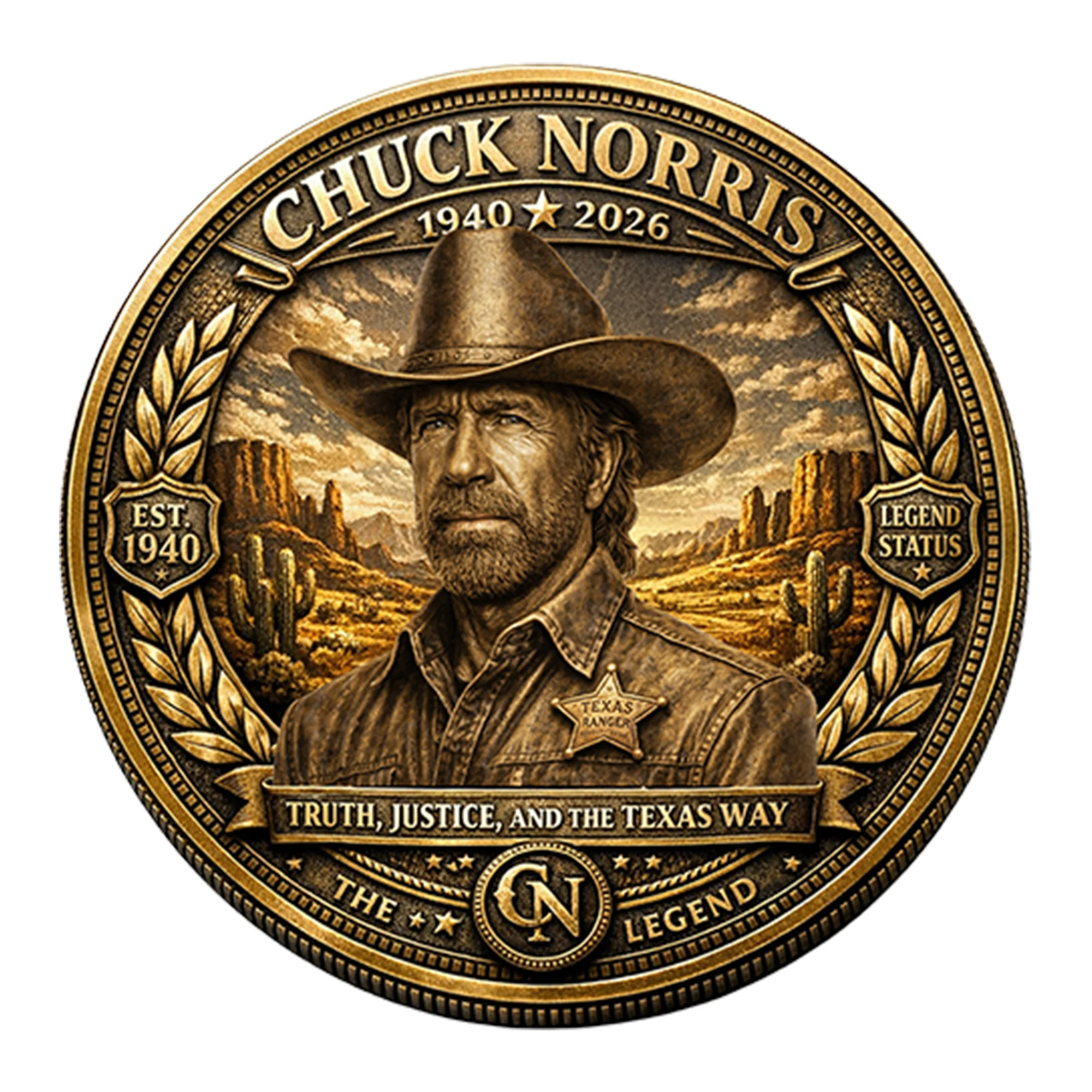 Chuck Norris 1940-2026 The Legend Texas Ranger Commemorative Coin - Detail View