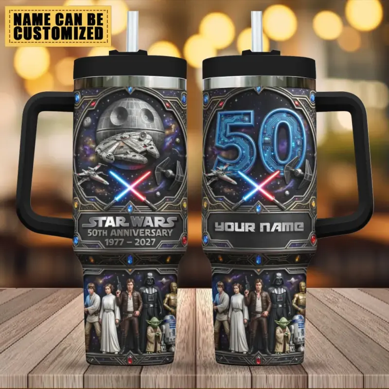 Star Wars 50th Anniversary 1977-2027 Personalized Tumbler with Handle - Front View