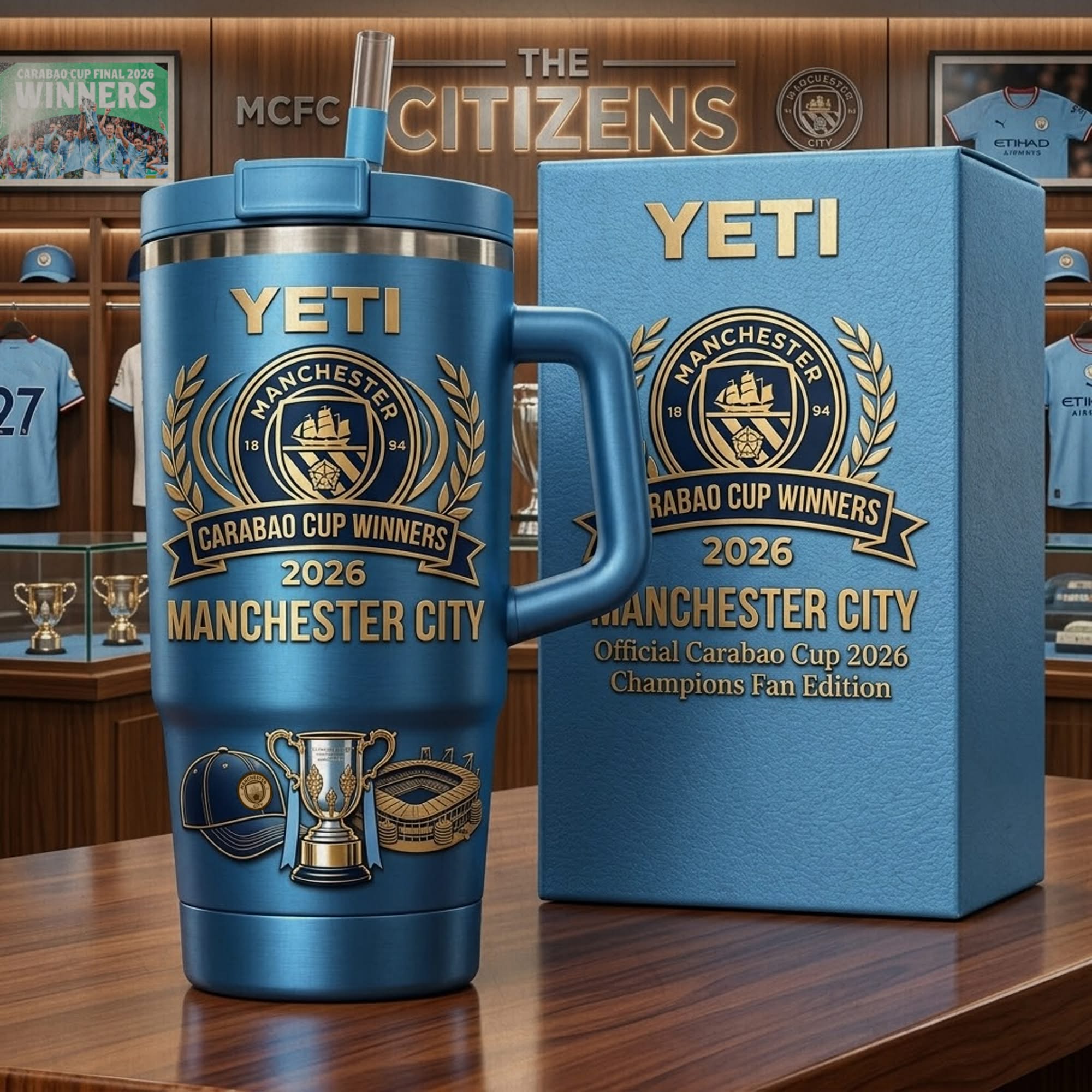Manchester City Carabao Cup Winners 2026 YETI Tumbler - Front View