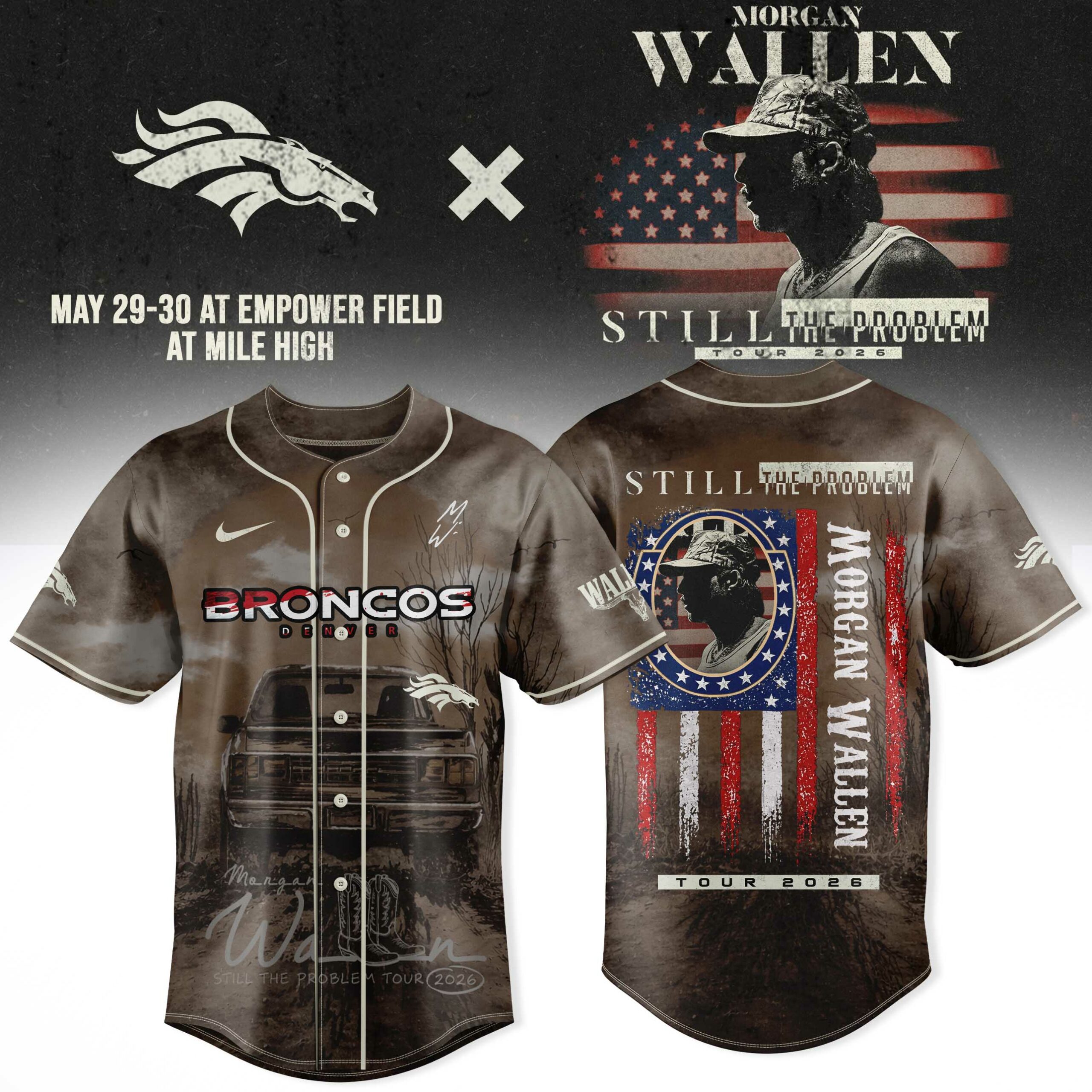 Denver Broncos x Morgan Wallen Still The Problem Tour 2026 Baseball Jersey - Front View