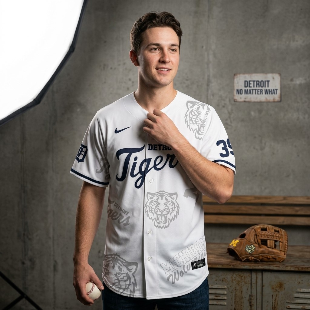 Detroit Tigers University of Michigan Night Baseball Jersey - Detail View