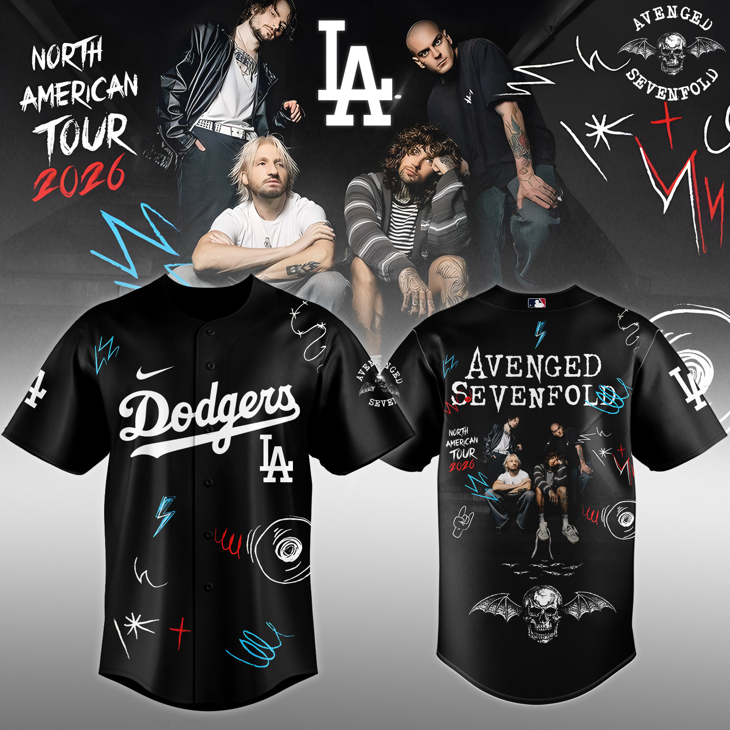 Avenged Sevenfold LA Dodgers North American Tour 2026 Baseball Jersey - Front View
