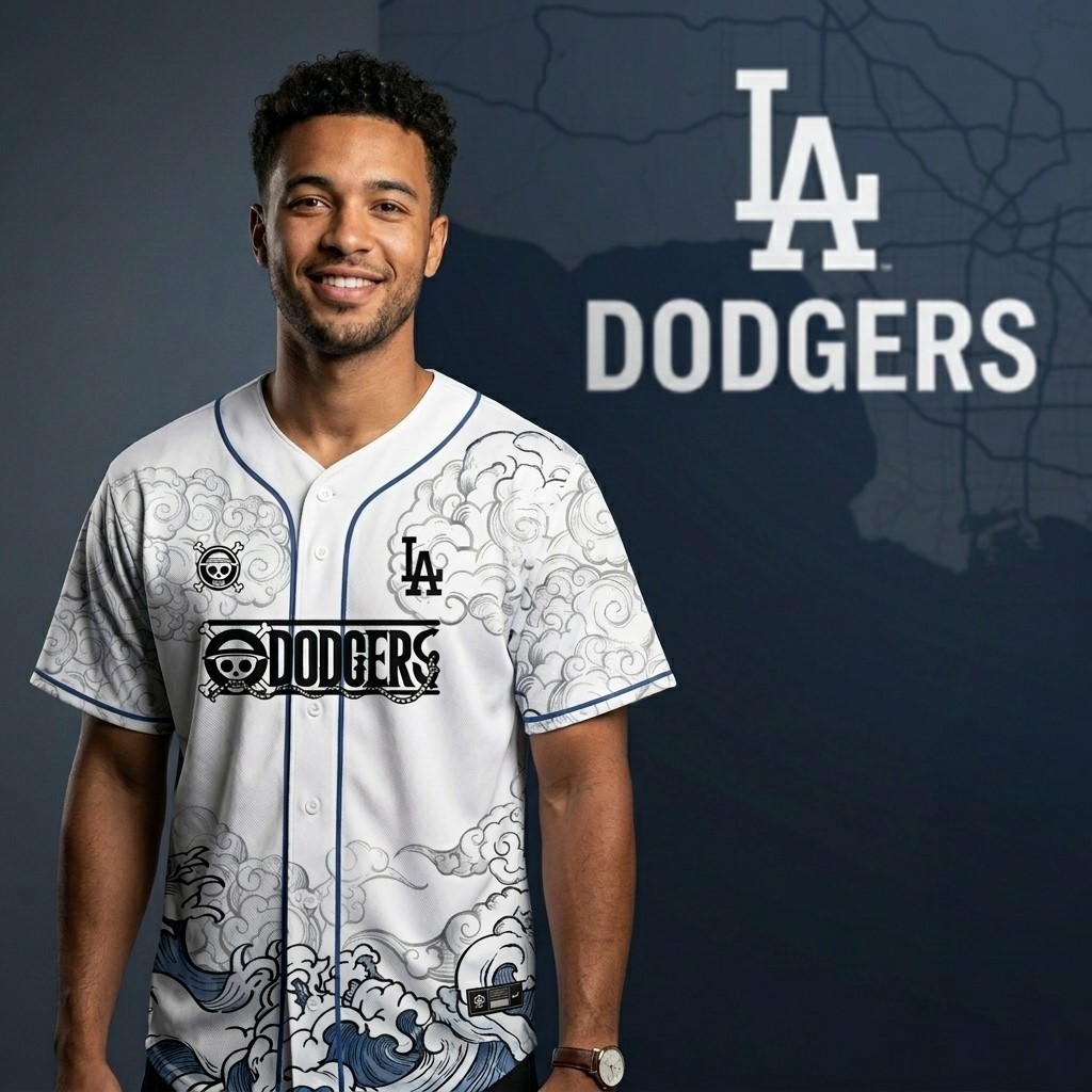 LA Dodgers One Piece Gear 5 Luffy Collaboration Baseball Jersey - Detail View
