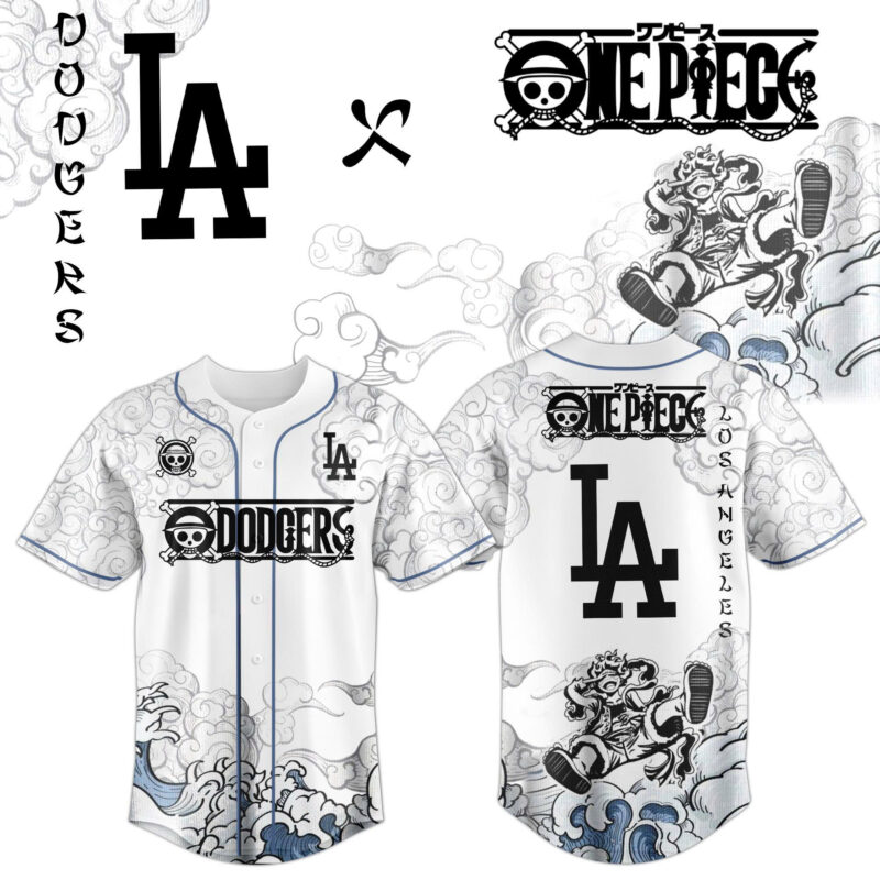 LA Dodgers One Piece Gear 5 Luffy Collaboration Baseball Jersey - Front View