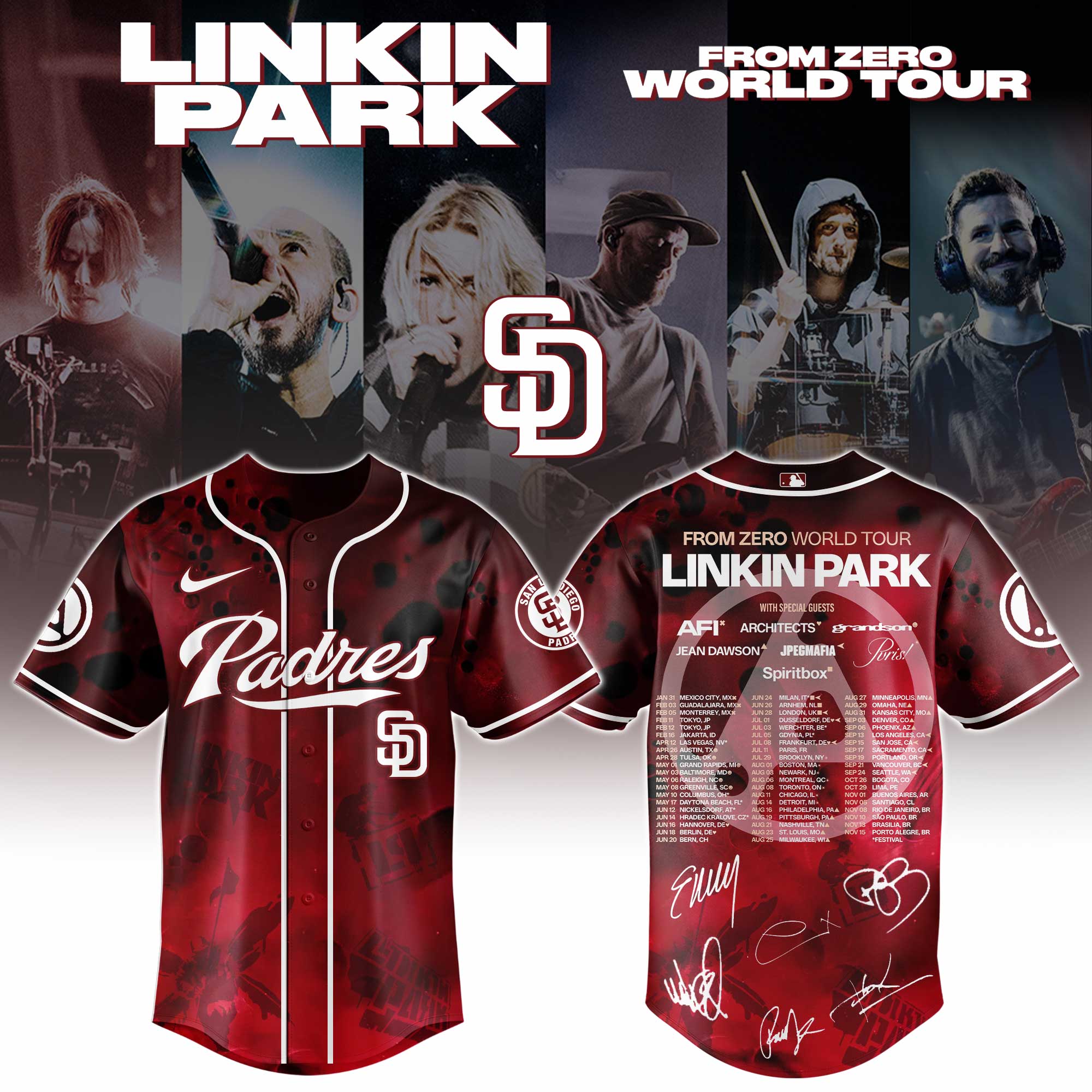 Linkin Park San Diego Padres From Zero World Tour Signatures Baseball Jersey - Front View