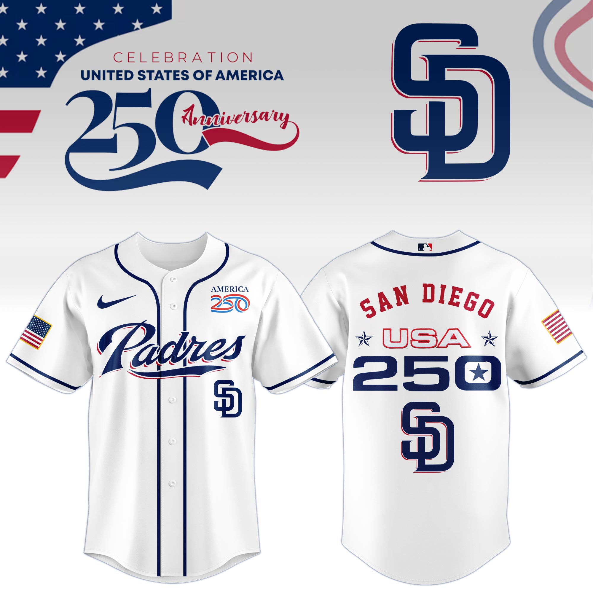 San Diego Padres United States of America 250th Anniversary Baseball Jersey - Front View