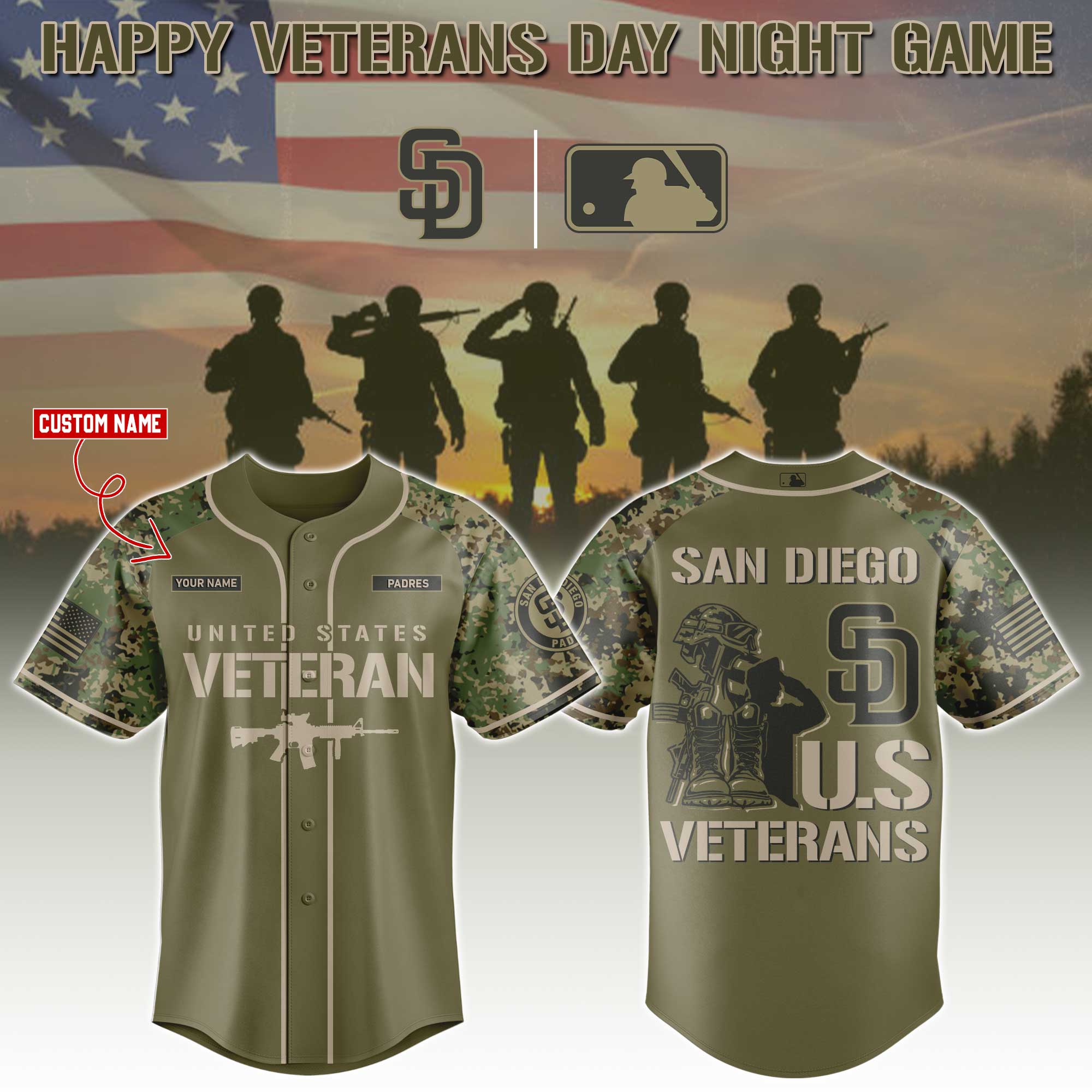 San Diego Padres Veterans Day Night Game Custom Baseball Jersey - Front View