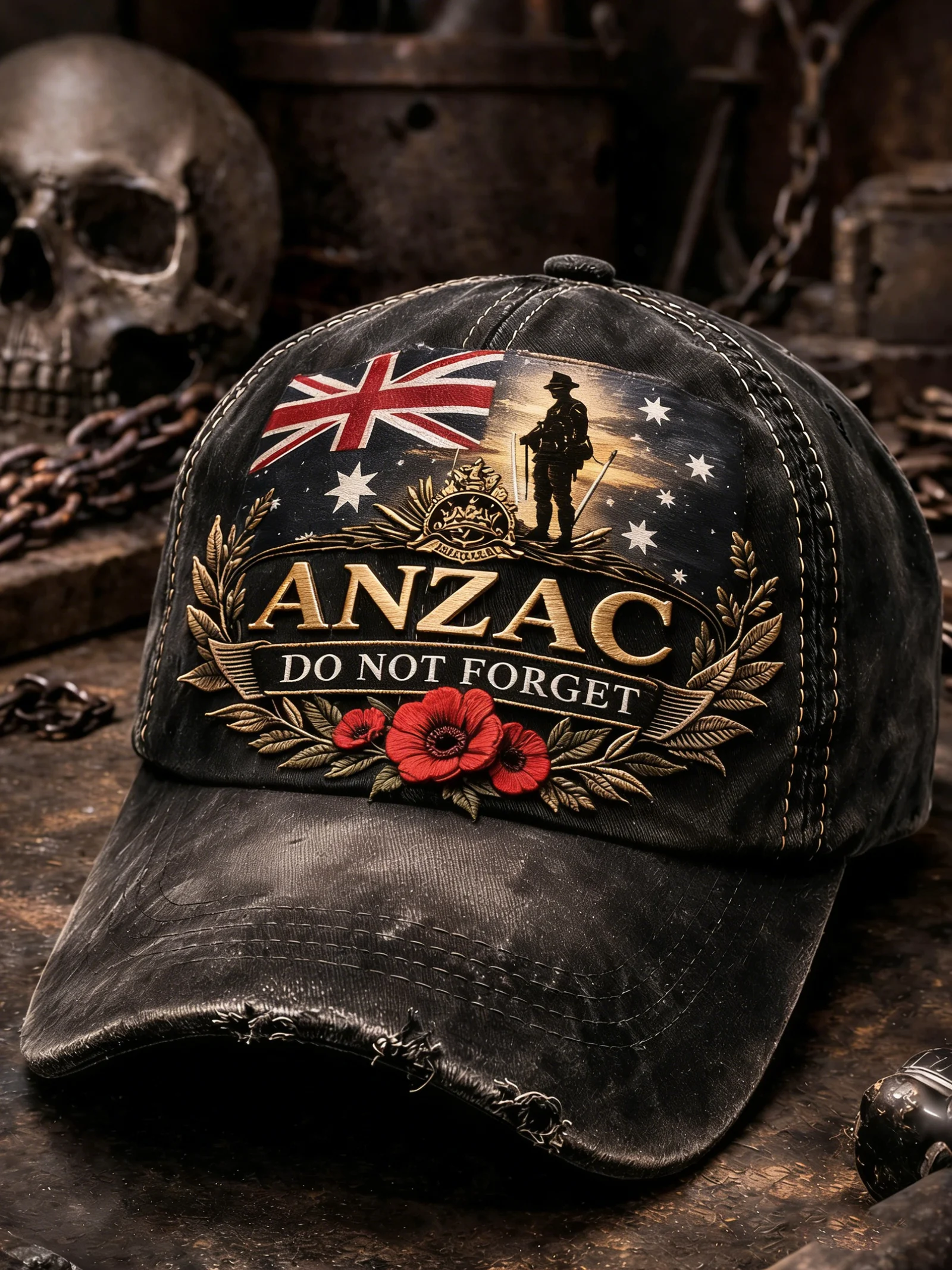 ANZAC Do Not Forget Poppies Distressed Classic Cap - Front View