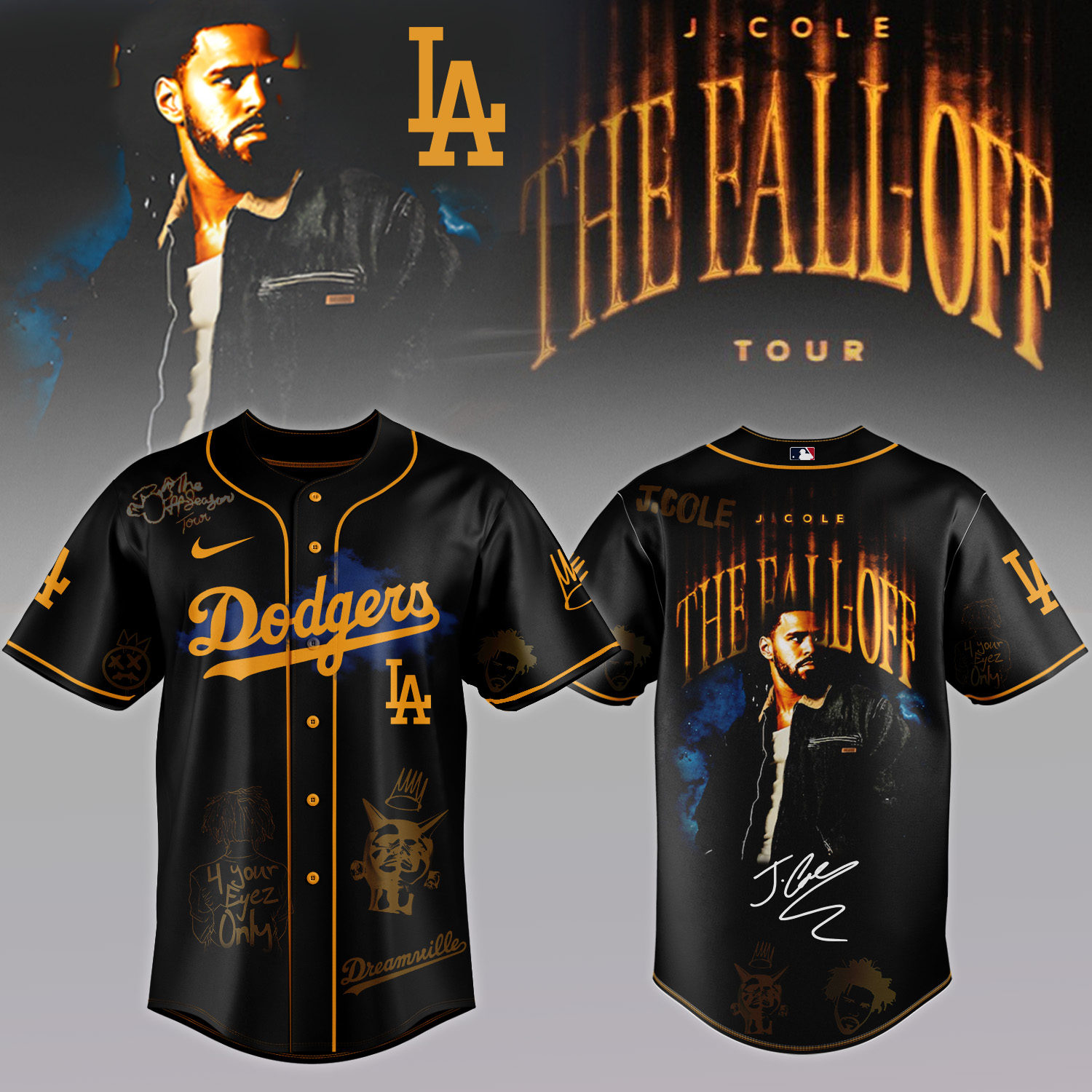 J. Cole Los Angeles Dodgers The Fall Off Tour Baseball Jersey - Front View