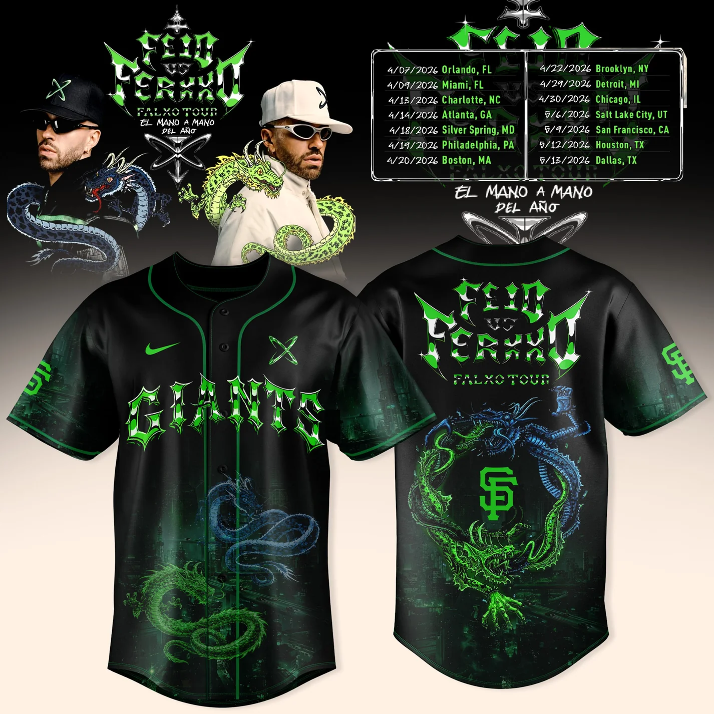 San Francisco Giants Feid vs Ferxxo FALXO Tour 2026 Baseball Jersey - Front View