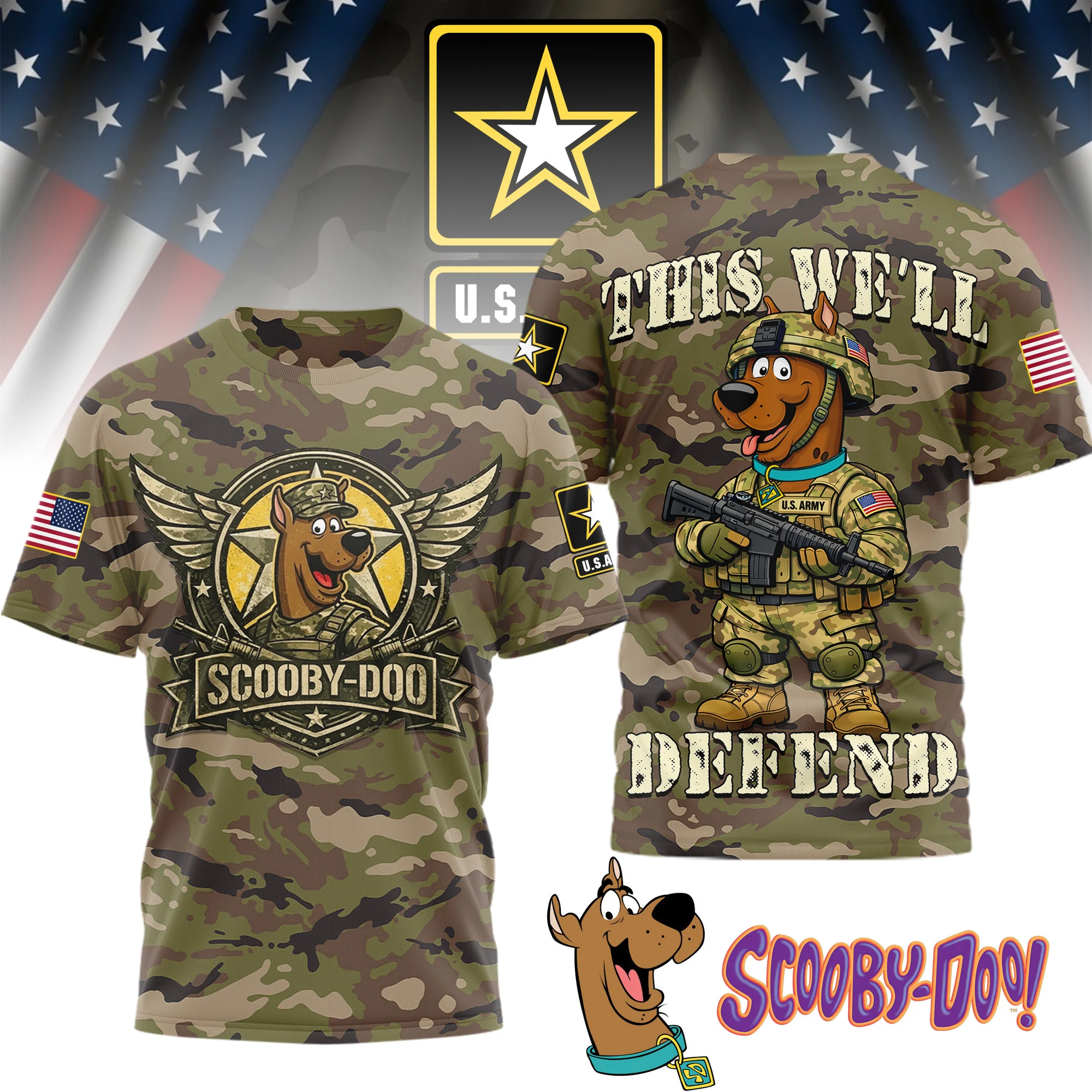 Scooby-Doo U.S. Army This We'll Defend Camo T-Shirt - Front View
