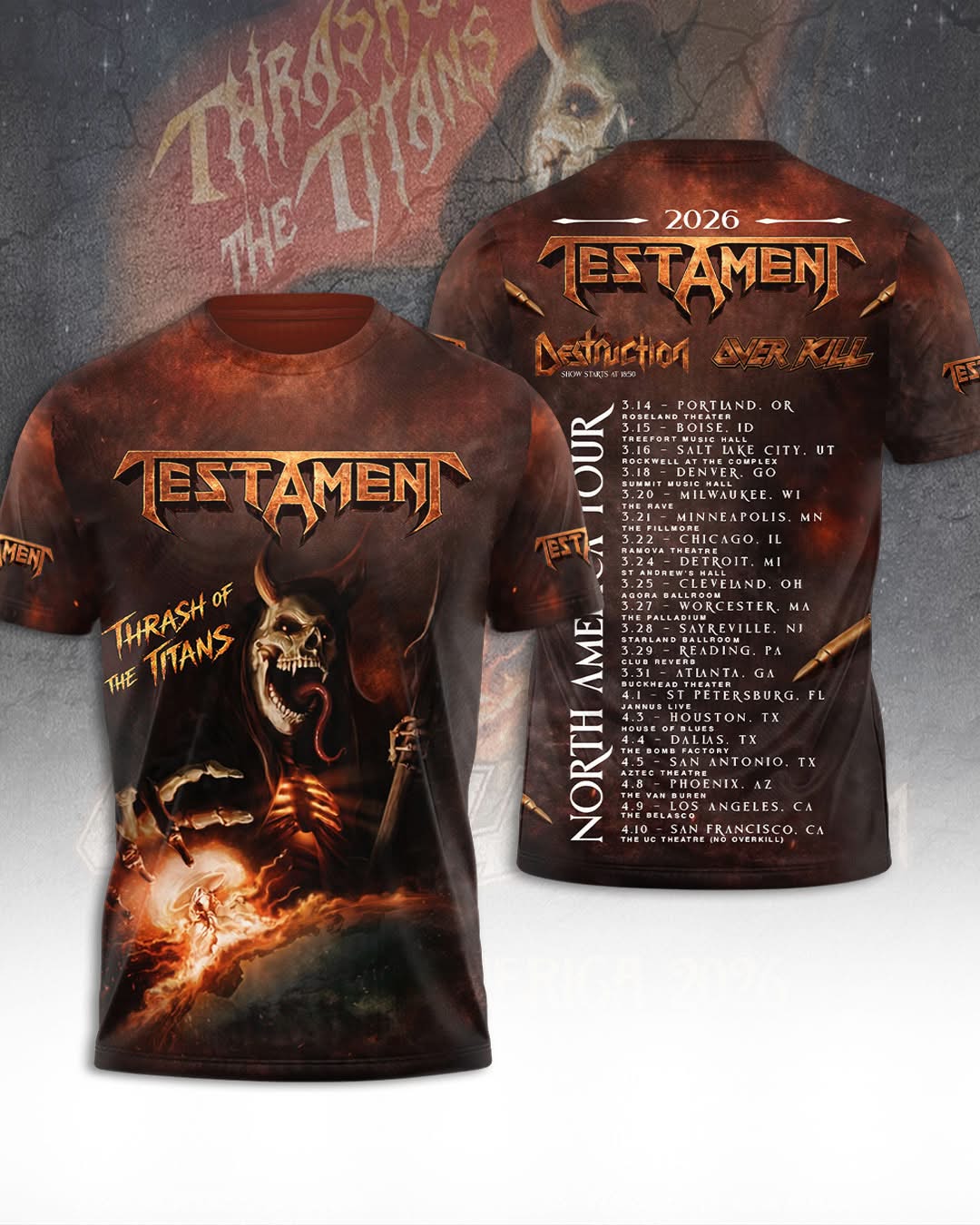 Testament Thrash of the Titans North America Tour 2026 T-Shirt - Front View