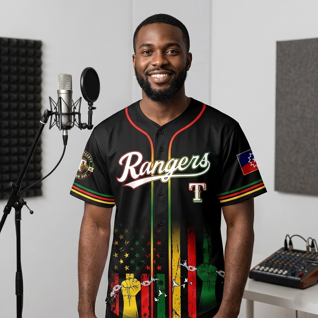 Texas Rangers Juneteenth Freedom Day Baseball Jersey - Detail View
