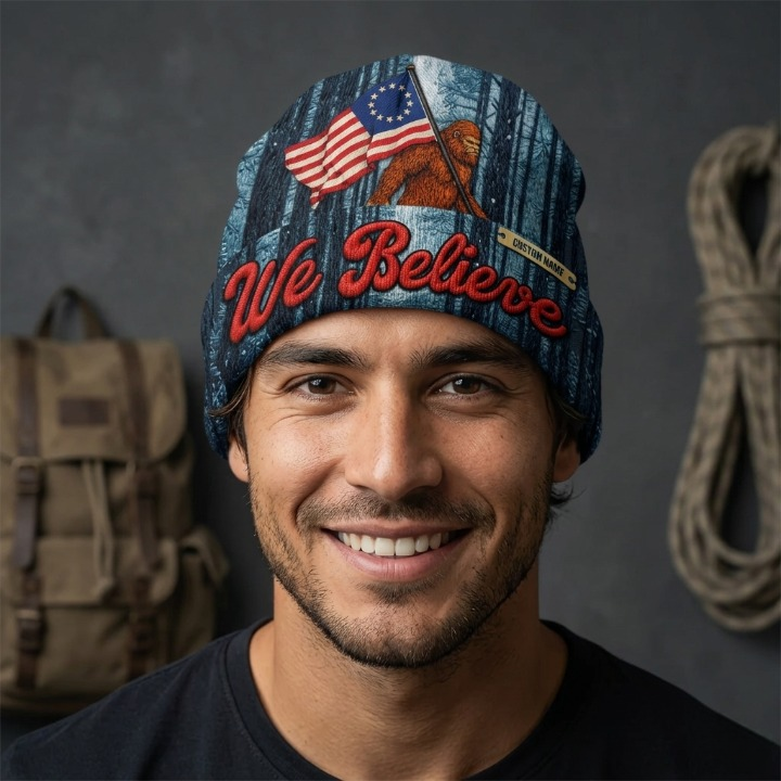 Personalized Bigfoot We Believe Betsy Ross Flag Beanie Hat - Detail View