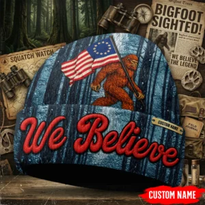 Personalized Bigfoot We Believe Betsy Ross Flag Beanie Hat