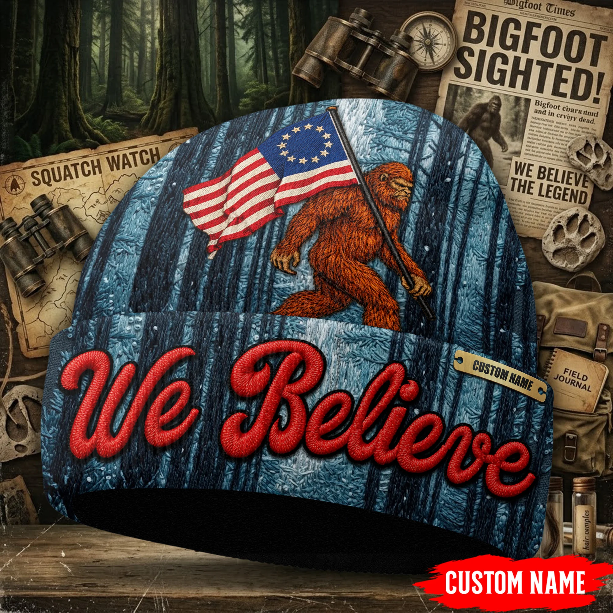 Personalized Bigfoot We Believe Betsy Ross Flag Beanie Hat - Front View