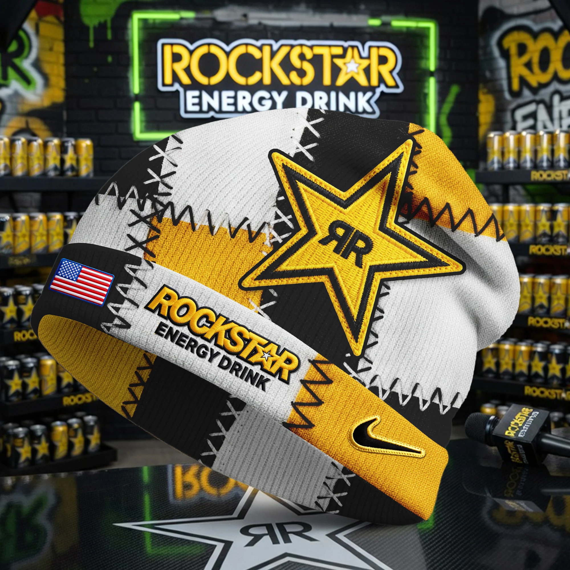 Rockstar Energy Drink Nike Collaboration Patchwork Beanie - Front View