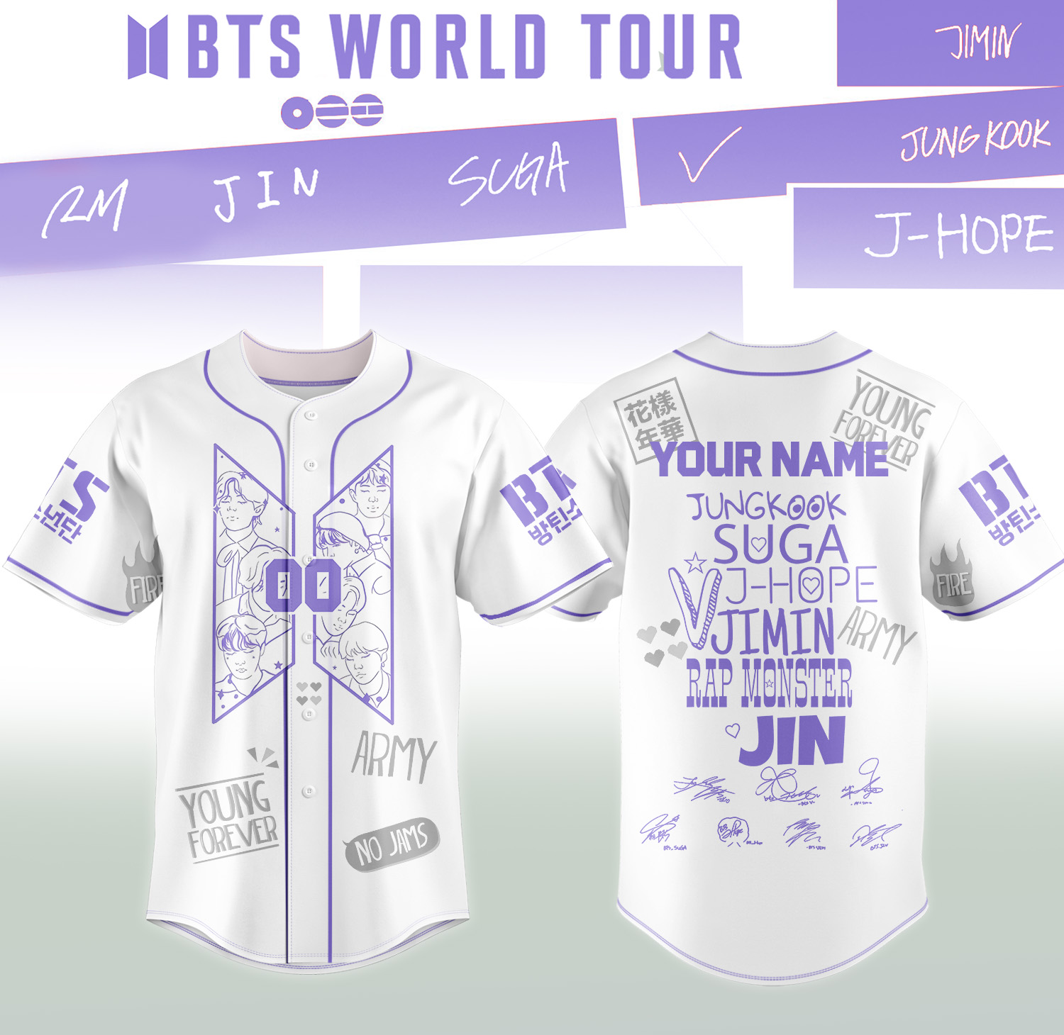 BTS World Tour Young Forever Signatures Baseball Jersey - Front View