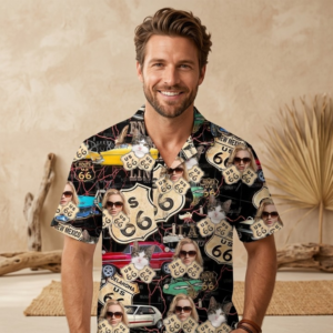 Custom Face and Pet Photo Route 66 Road Trip Hawaiian Shirt