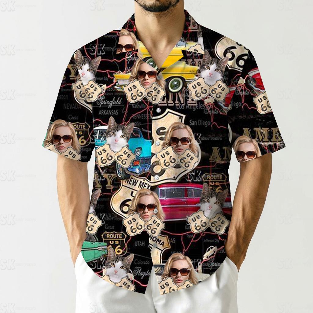 Custom Face and Pet Photo Route 66 Road Trip Hawaiian Shirt - Detail View