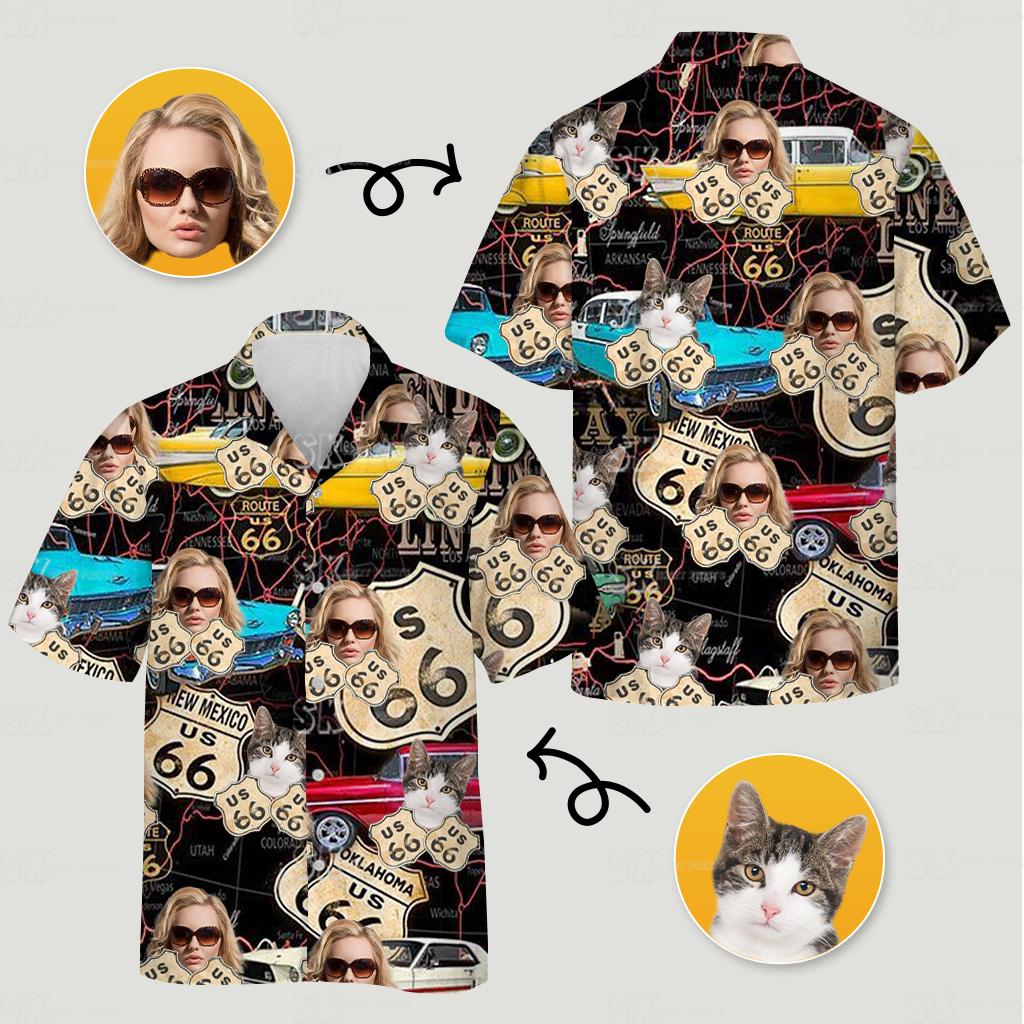 Custom Face and Pet Photo Route 66 Road Trip Hawaiian Shirt - Front View