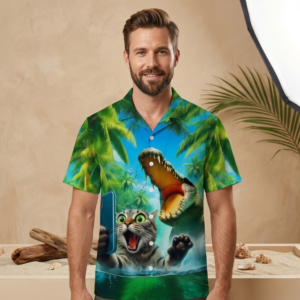 Funny Cat Taking Selfie with Crocodile Hawaiian Shirt