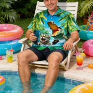 Funny Cat Taking Selfie with Crocodile Hawaiian Shirt