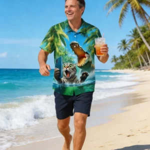 Funny Cat Taking Selfie with Crocodile Hawaiian Shirt