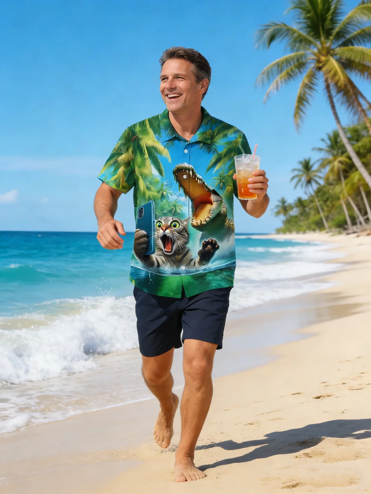 Funny Cat Taking Selfie with Crocodile Hawaiian Shirt - Detail View