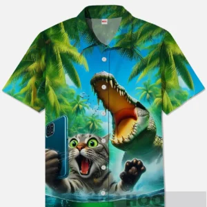 Funny Cat Taking Selfie with Crocodile Hawaiian Shirt