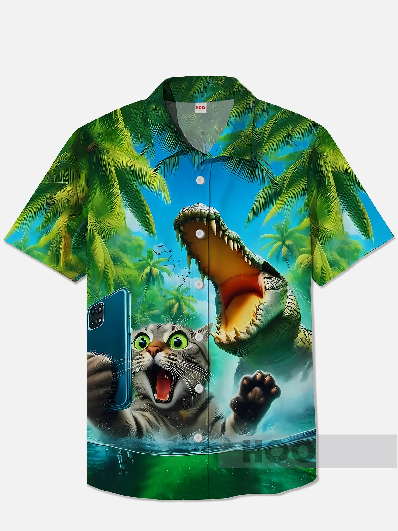 Funny Cat Taking Selfie with Crocodile Hawaiian Shirt - Front View