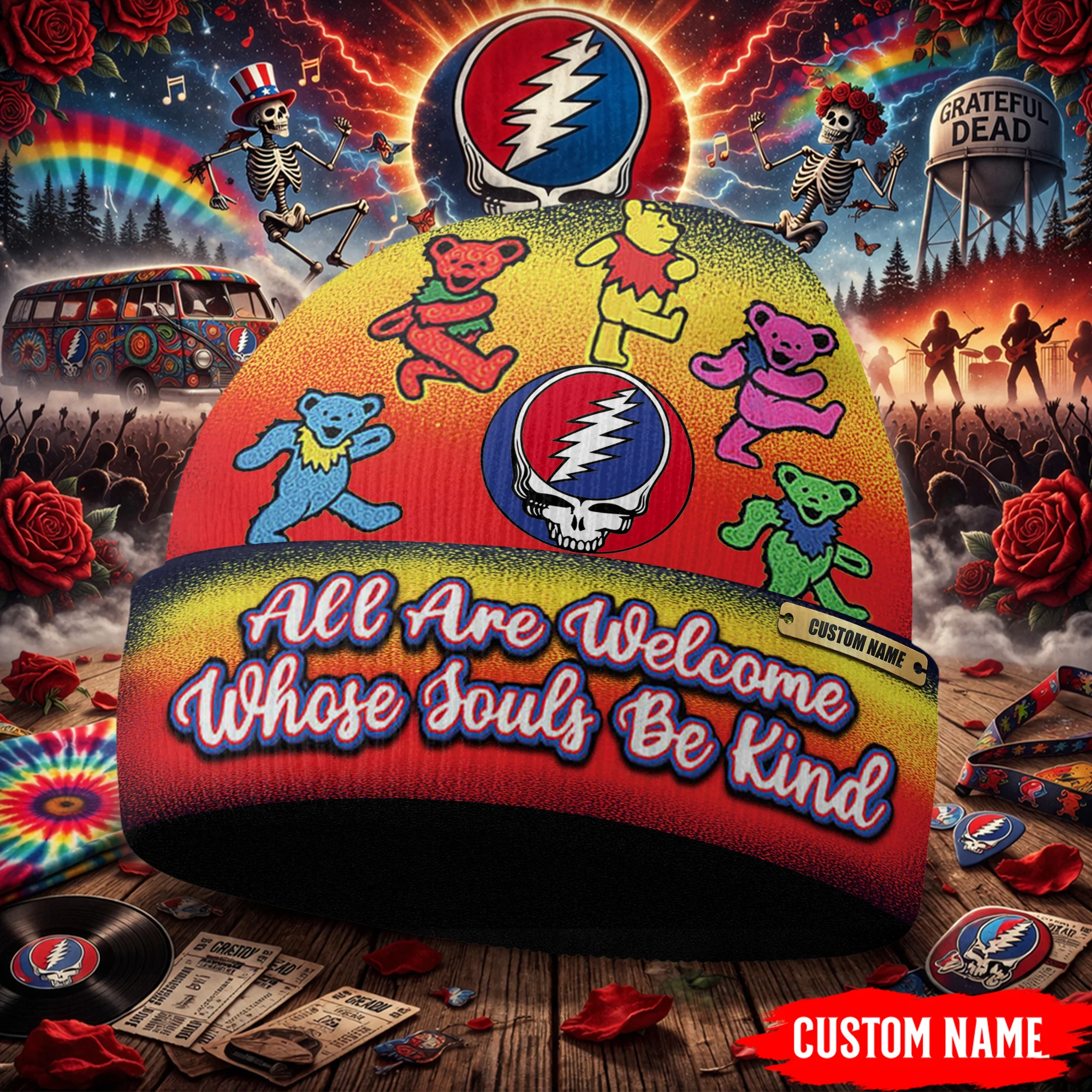 Personalized Grateful Dead All Are Welcome Whose Souls Be Kind Beanie - Front View