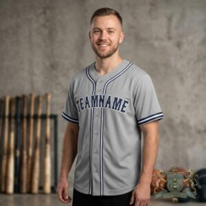 Custom Gray Navy Blue-White Stripes Baseball Jersey