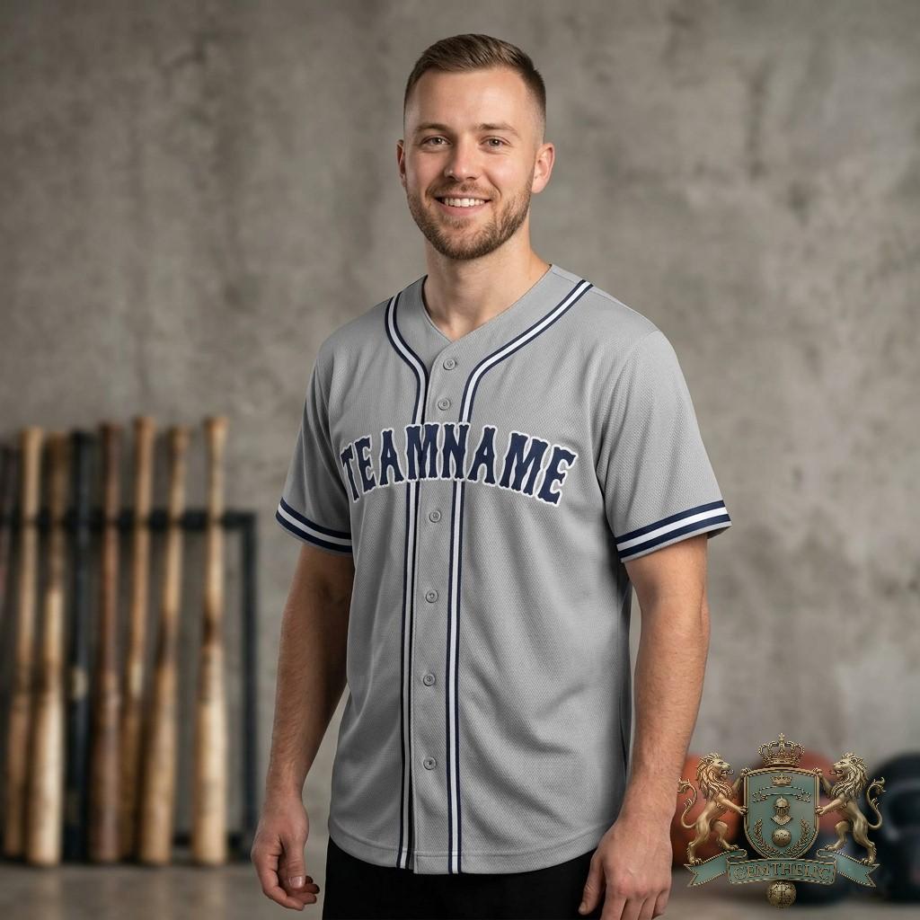 Custom Gray Navy Blue-White Stripes Baseball Jersey - Detail View