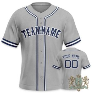 Custom Gray Navy Blue-White Stripes Baseball Jersey